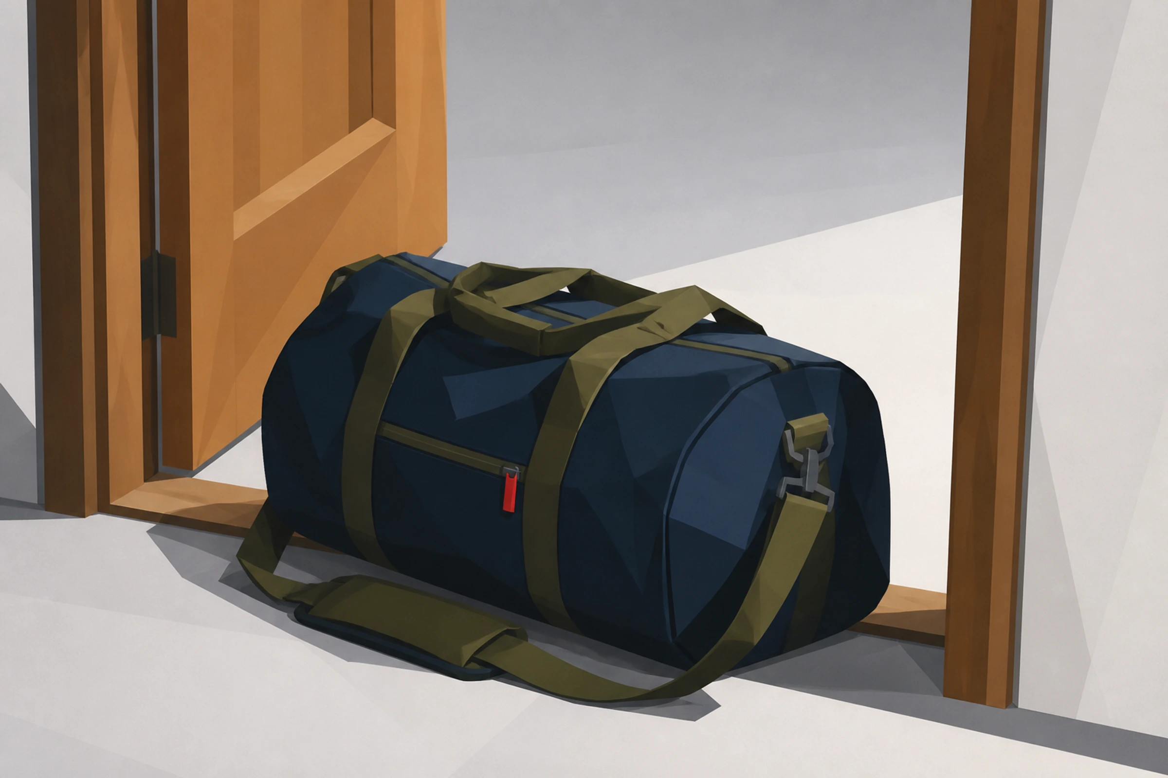 Faceted still life of a gym bag at an open doorway